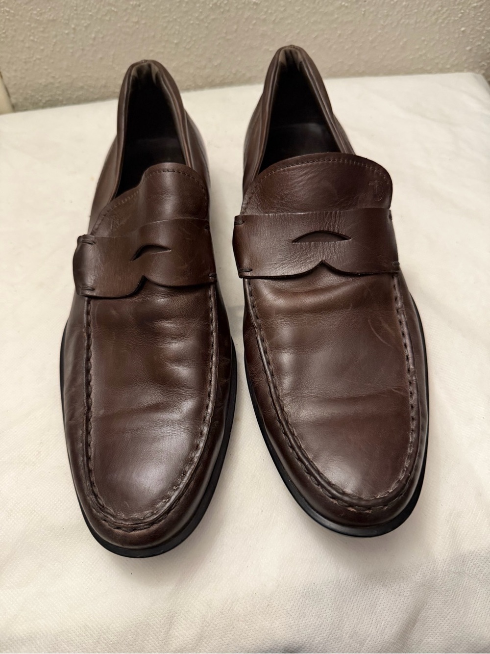 Tod's Dark Brown Leather Penny Loafers, pre-owned, gently owned.